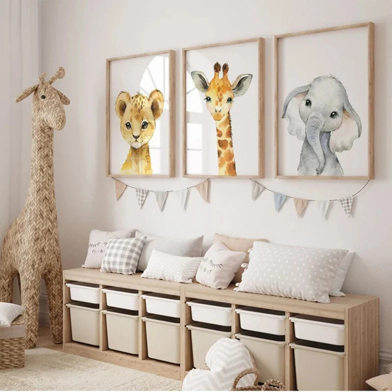 Affiches chambre enfant animaux, illustrations style aquarelle